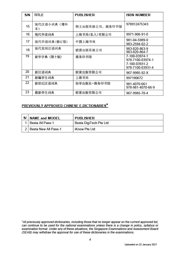List of Approved Chinese Dictionaries for PSLE